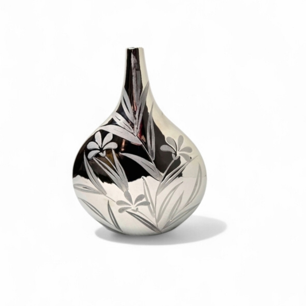Silver Etched Glass Vase, teardrop shape.